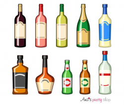 Alcohol bottles clipart, drinks, wine bottle, champagne, martini, whiskey  bottle, cognac, beer bottle, pina colada, vector illustrations