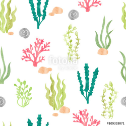 Watercolor seamless pattern with corals, seaweeds, shells and stones ...