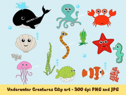 Underwater Creatures Clip art, Sea Animal Set, Whale, Octopus ...