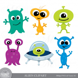 ALIEN Clip Art | Aliens Clipart Downloads | Space Alien Party Downloads |  Cute Alien Theme | Spaceship Clipart | Vector Aliens