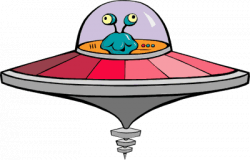 cute silly looking alien in his cool flying saucer; click for larger ...