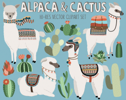 Cactus and Llama Clipart Adorable Alpaca and Desert Vector