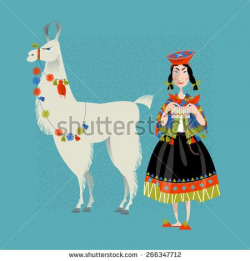 Lama Alpaca and knitting Peruvian woman. Vector illustration. | Cute ...