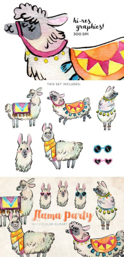 Llama Party Watercolor Clipart Set | Watercolor