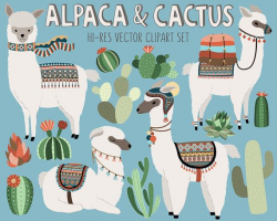 Cactus and Llama Clipart Adorable Alpaca and by KennaSatoDesigns ...