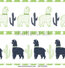 Alpaca and cactus. Vector ornamental seamless pattern. Hand drawn ...