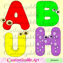 Cute Alphabet Clipart Digital Printable Animal Alien Big Eyes Kids ...