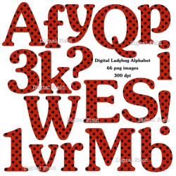 Digital Ladybug Alphabet Clip Art Set black red polka dot