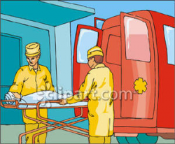 Paramedics Loading Patient Into Ambulance - Royalty Free Clipart Picture