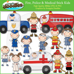 Firemen Police Men & Paramedic Stick Kids Clip Art