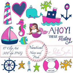 Nautical Clip Art Digital Hand drawn Navy Pink Anchor Clipart ...