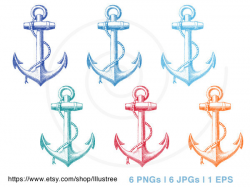 Vintage anchor digital clipart set in six colors, nautical, rope ...