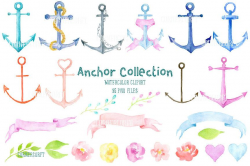 Watercolor clipart anchor collection, pastel color and rusty anchors ...
