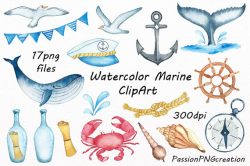 Watercolor Marine Clipart, Nautical watercolor clip art, PNG, anchor ...