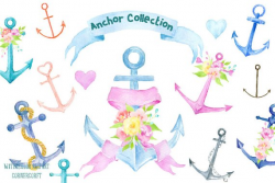Watercolor clipart anchor collection pastel color and rusty