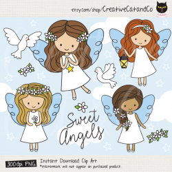 Angel Clipart, Little Girl Angel, Cute Angel Illustration with White Dove,  Holy Spirit, Fairy, First Communion Angel Clipart Clip Art
