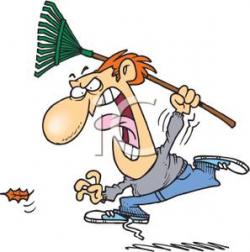 Clipart Picture: An Angry Man with a Rake Chasing a Leaf