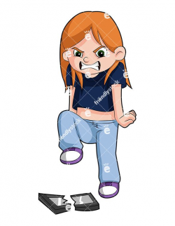 Angry Little Girl Breaking Phone Cartoon Vector Clipart | Vector clipart