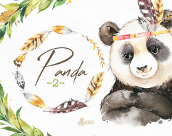 Panda 2. Watercolor little animal clipart feather boho