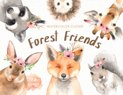 Forest Friends Watercolor Clip Art,Woodland Animals, Kids Clipart ...