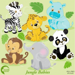 Jungle Animals Clip Art, Jungle Animal Clipart, Jungle Animal Babies  Clipart, Zebra, Elephant, Panda, Hippo, AMB-131