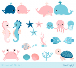 Cute sea animal clipart, Under sea summer clip art, Blue pink whale ...