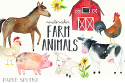 Watercolor Farm Animals Clipart | Farm Clip Art - Cow, Horse, Duck ...