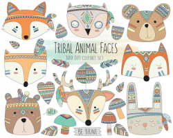 Tribal Animal Faces Clipart - Cute Clip Art, Woodland Clipart ...