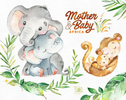 Mother & Baby. Africa. Watercolor animals clipart elephant