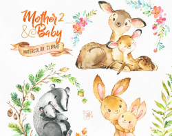 Mother & Baby 2. Watercolor animals clipart deer rabbit