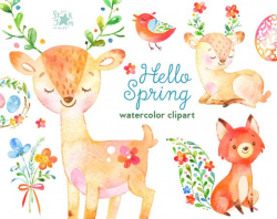 Hello Spring. Watercolor animals and floral clipart deer