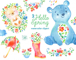 Hello Spring 2. Watercolor animals and floral clipart