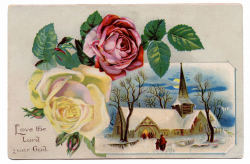 Vintage Clip Art - Winter Church Scene with Roses - The Graphics Fairy
