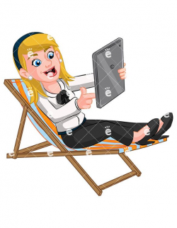 Relaxing Businesswoman Using Tablet Cartoon Vector Clipart | Beach ...