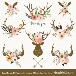 Deer Horn with Flowers. Floral Antlers Clipart Vector