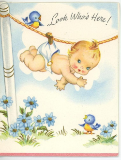 Vintage baby diaper bluebird flowers birth announcement greeting ...