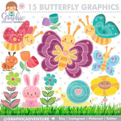 Butterfly Clipart, Butterfly Graphics, COMMERCIAL USE, Kawaii ...