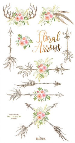 Watercolor Flowers Clipart, feathers, horns, antlers, arrows, roses ...
