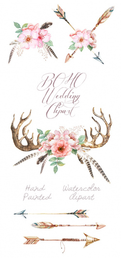 Watercolor Wedding Clip Art Antlers, Stag horns, Arrows, Feathers ...