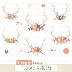 50% Floral antlers: rustic wedding clipart, antler clip art, floral ...
