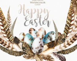 Easter watercolor clipart floral elements feathers eggs