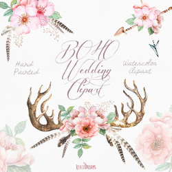 Watercolor Wedding Clip Art Antlers, Stag horns, Arrows, Feathers ...