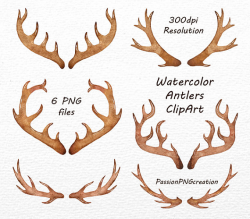 Watercolor Antlers Clipart, 6 PNG files, Antler Clip art, Watercolor ...