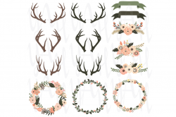 Rustic Floral Antlers Wreath Elements by YenzArtHaut | TheHungryJPEG.com