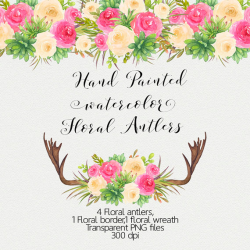 Watercolor floral antlers Clip art antlers and flowers