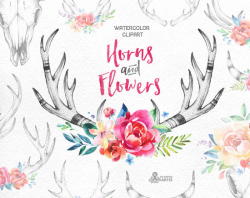 Horns & Flowers. 14 Watercolor clipart, floral, hand drawi… | Flickr