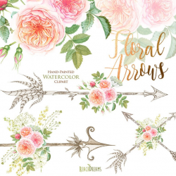 Watercolor Flowers Clipart, feathers, horns, antlers, arrows, roses,  peonies bouquets, flowers, greeting card, wedding invitations clip art