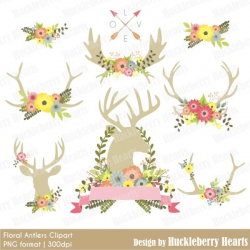 Floral Antlers Clipart, Flowers and Antlers, Digital Antlers, Deer ...