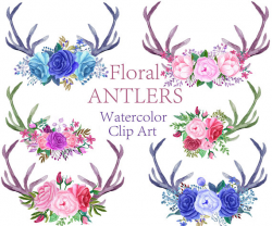 Watercolor antlers clipart Floral clipart Watercolor flowers