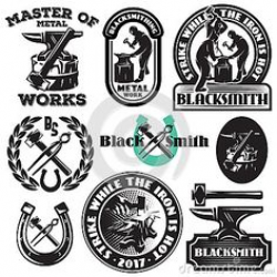Set of retro blacksmith logo, labels design elements. Anvil symbol ...
